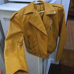 Zara Faux leather mustard yellow moto jacket. Size small, lightly worn.